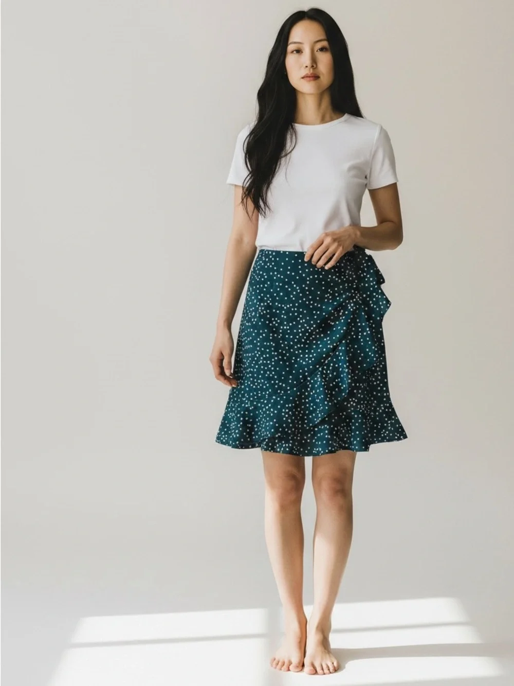 Teal Polka Dot Wrap Mini Skirt Ruffle Hem Coquette Y2K Feminine Cottagecore